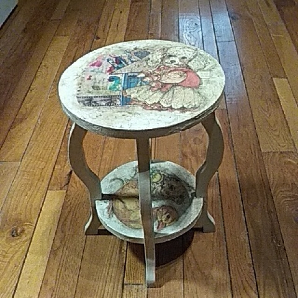 Vintage Wooden Side Table with Bear Design